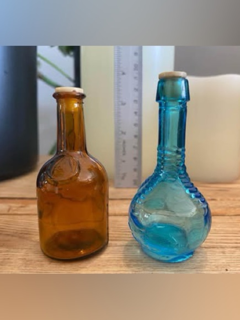 Vintage Miniature Glass Bottle Salt and Pepper Shakers Amber & Aqua Blue Taiwan